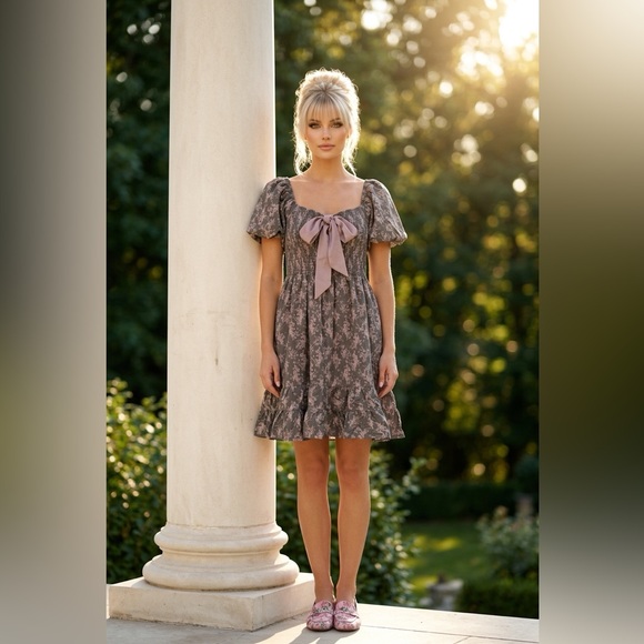 In February Dresses & Skirts - In February Floral Puff-Sleeve Tie-Front Mini Dress in Seagrass size large